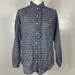 TROVATA Birds of Paradis ditzy floral print ruffle high neck button down blouse